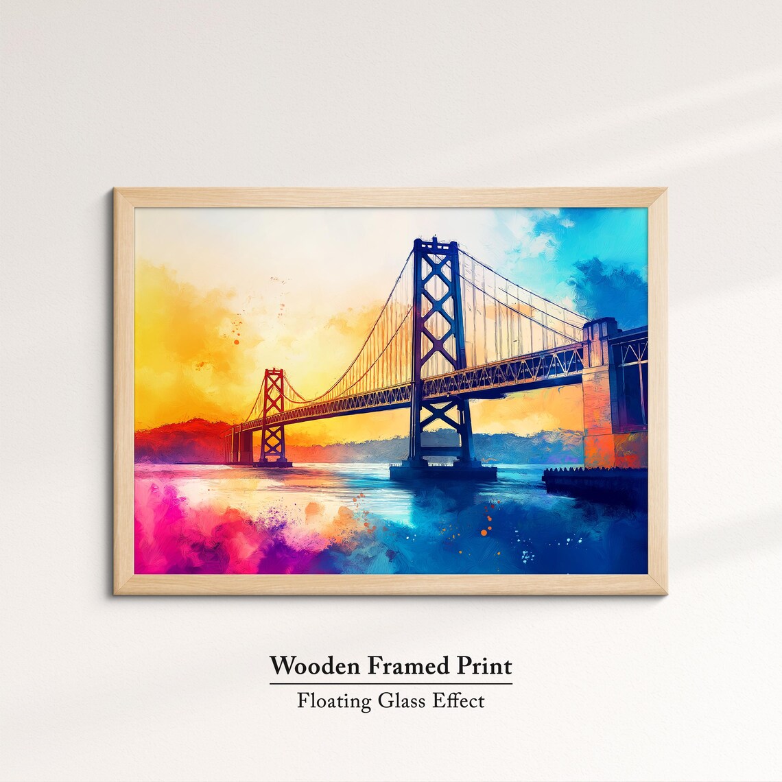 San Francisco Bay Bridge Sunset Watercolor Vibrant Orange Sky Poster - Image 6