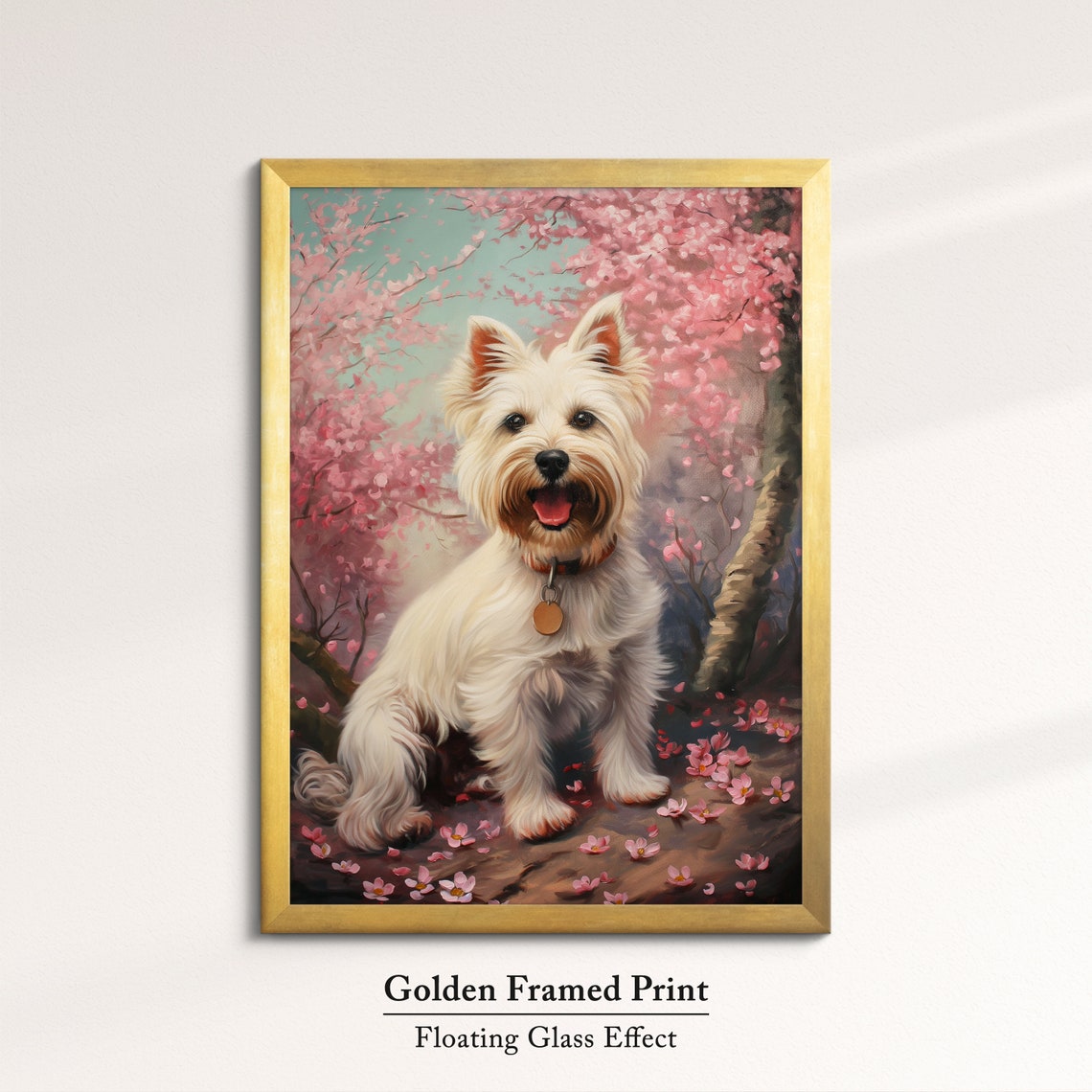 White Westie Puppy With Gold Tag In Pink Blossom Trees Art Poster - Image 5
