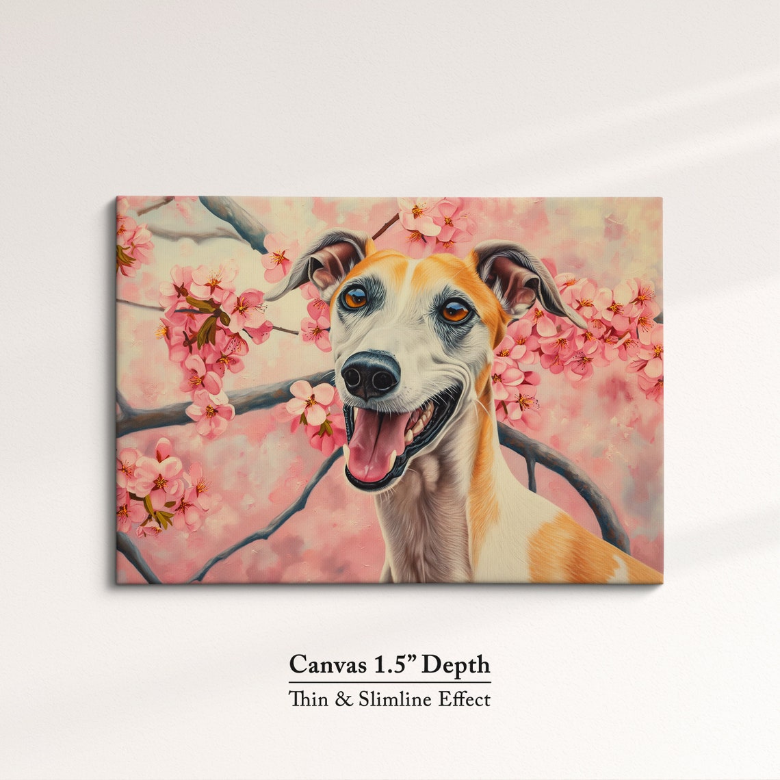 Tan And White Greyhound Grinning In Pink Blossoms Spring Art Poster - Image 3