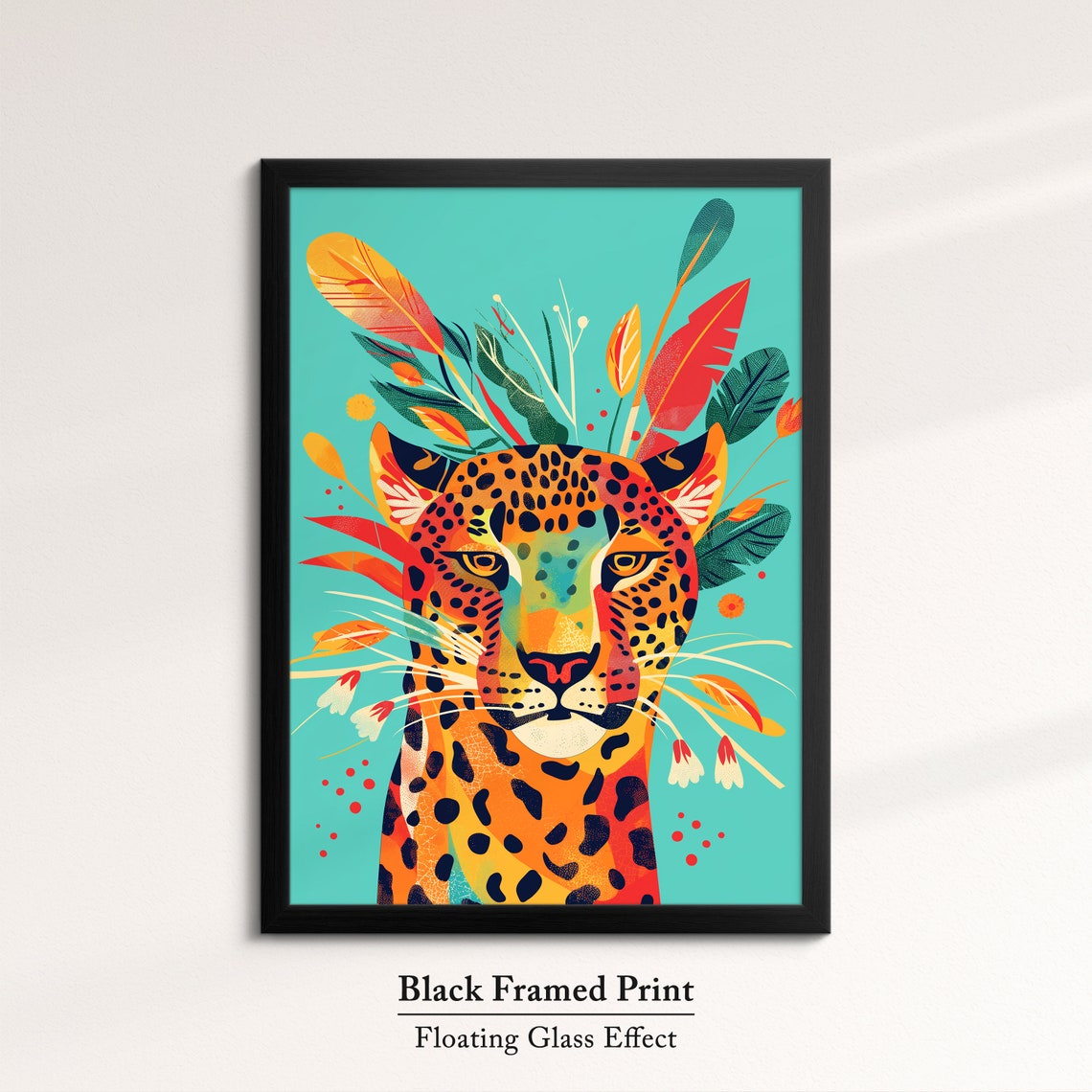 Leopard Face Front With Tropical Leaves Turquoise Art Poster - Image 8