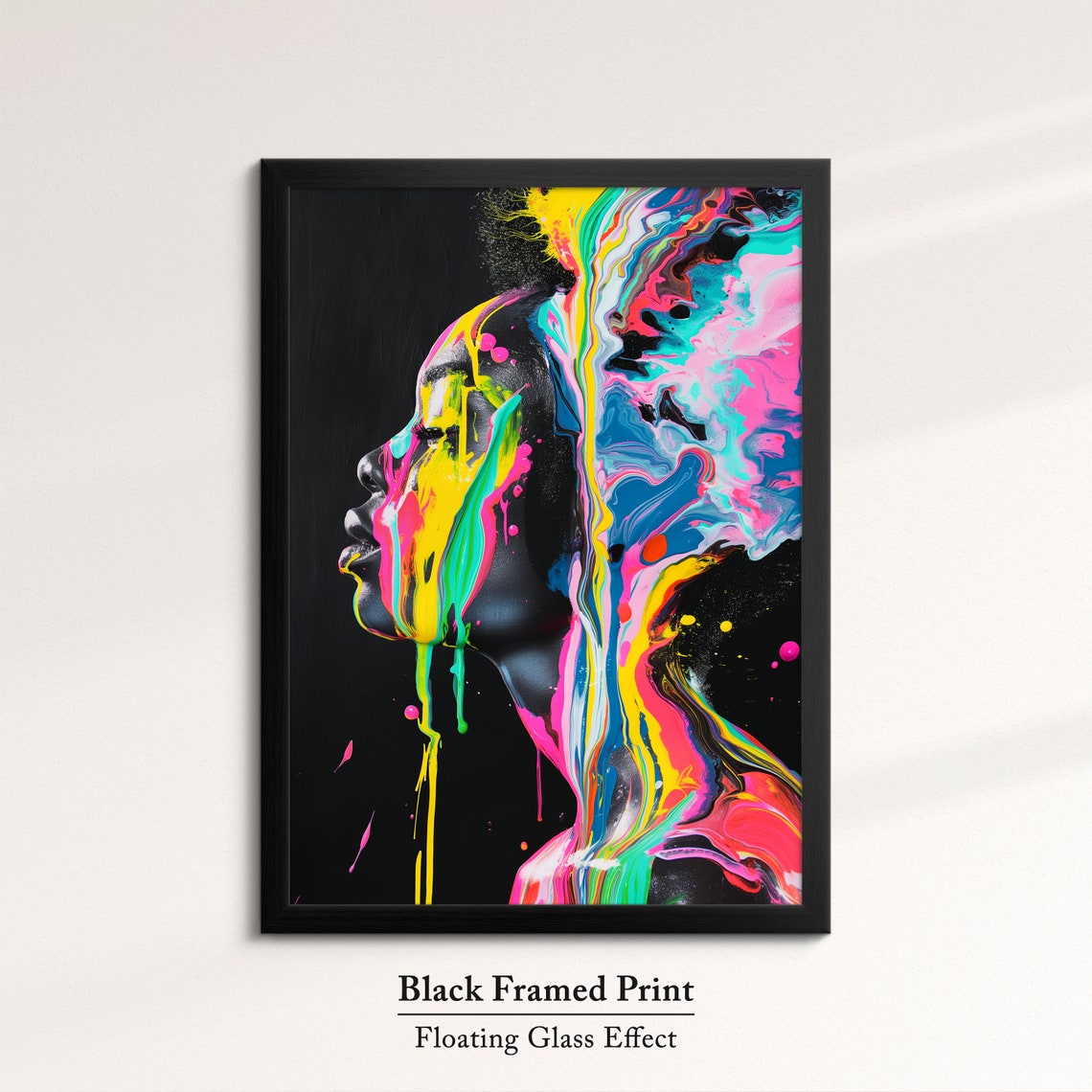 Neon Paint Drips Over Woman Face Profile Black Background Art Poster - Image 8