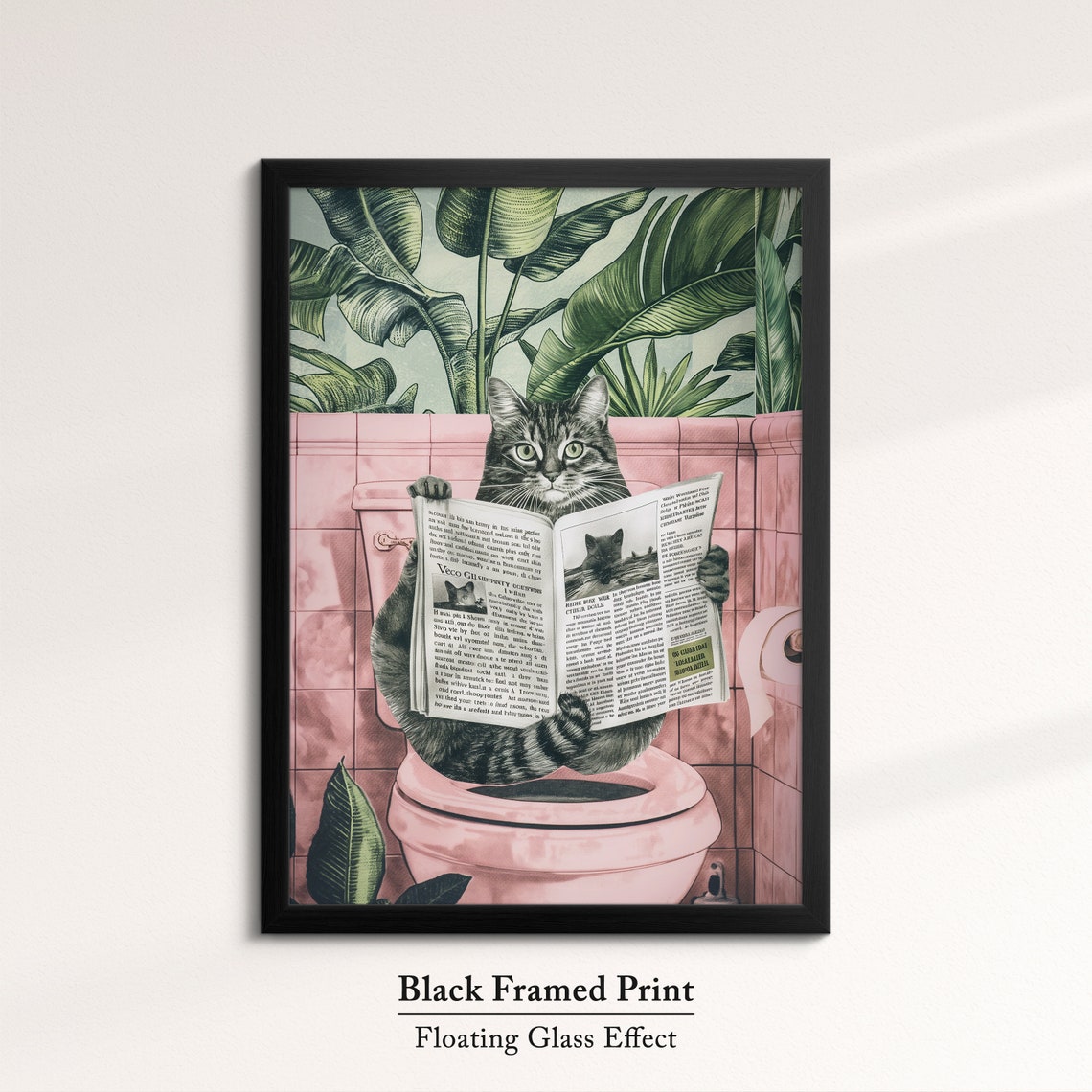 Funny Tabby Cat Reading Newspaper On Toilet Pink Bathroom Art Poster - Image 8