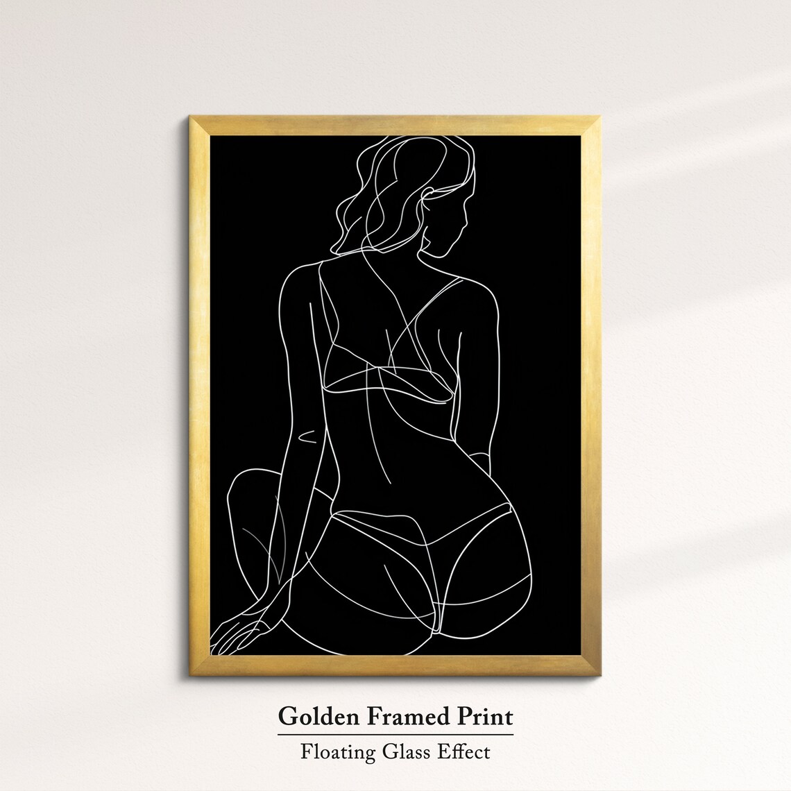 Seated Woman From Behind White Line On Black Dramatic Minimalist Wall Art Print - Image 5