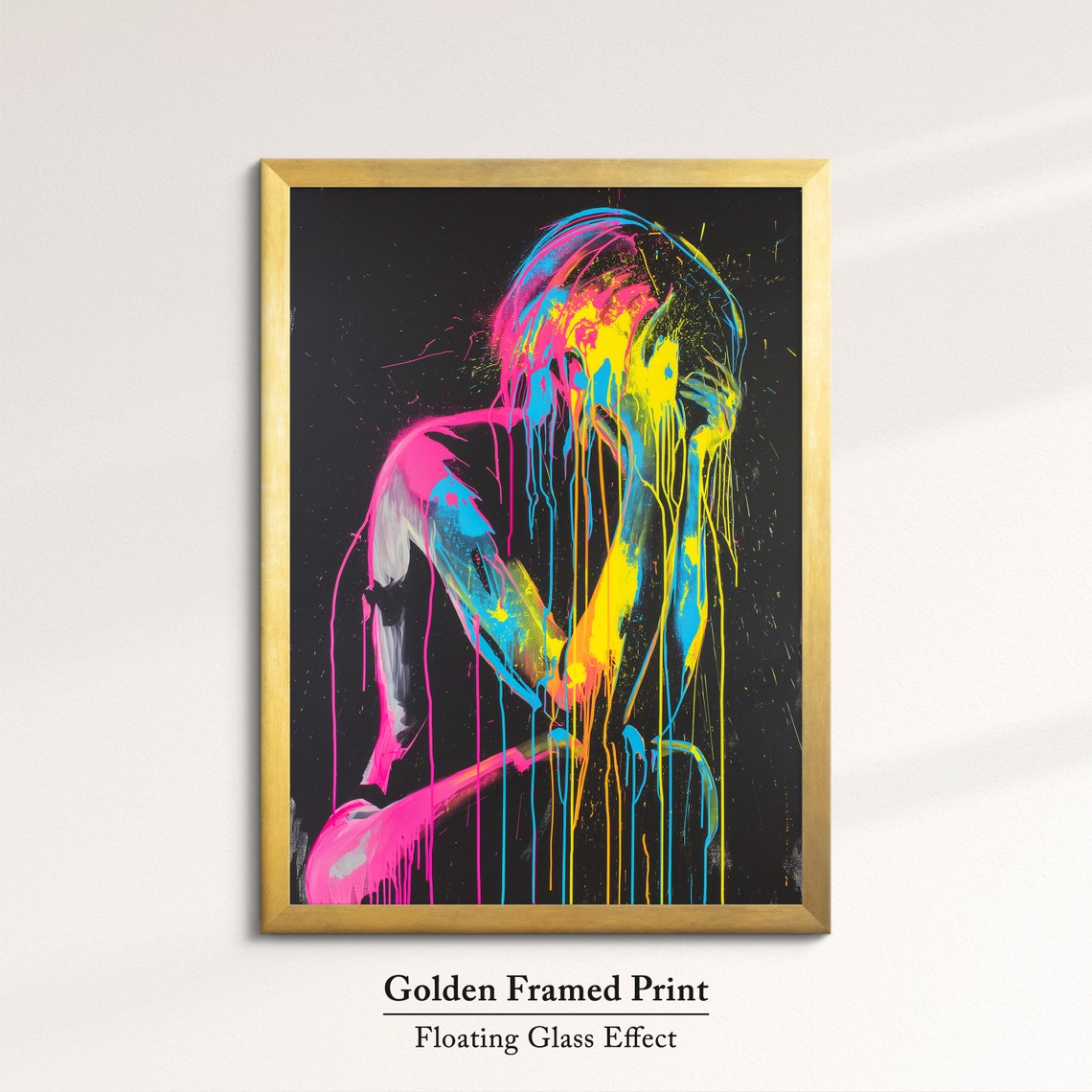 Seated Woman Silhouette In Neon Paint Drips Dark Abstract Art Poster - Image 5