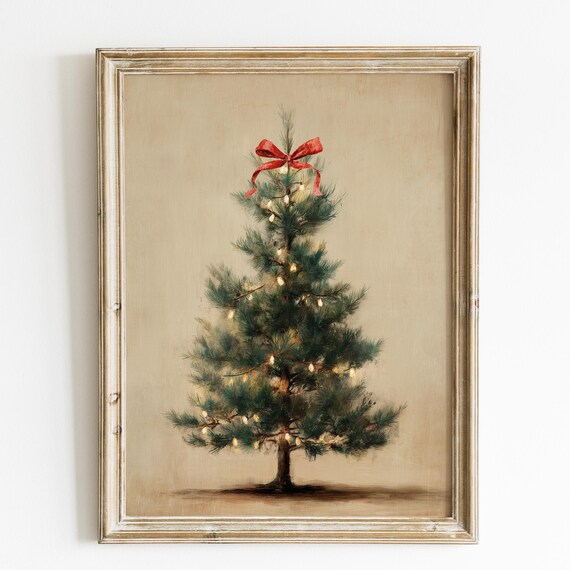 Vintage Christmas Tree Red Bow Lights Classic Holiday Art Poster