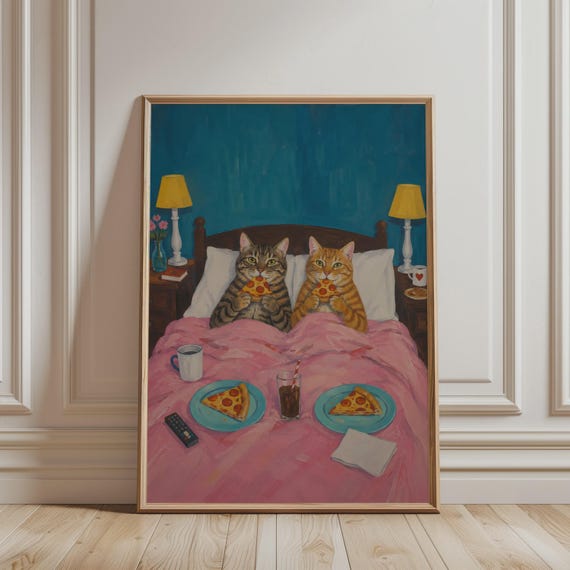 Trendy Wall Art Orange And Grey Cat Eating Pizza In Bed Print Retro Artwork Cozy Funny Animal Poster For Living Bedroom Decor