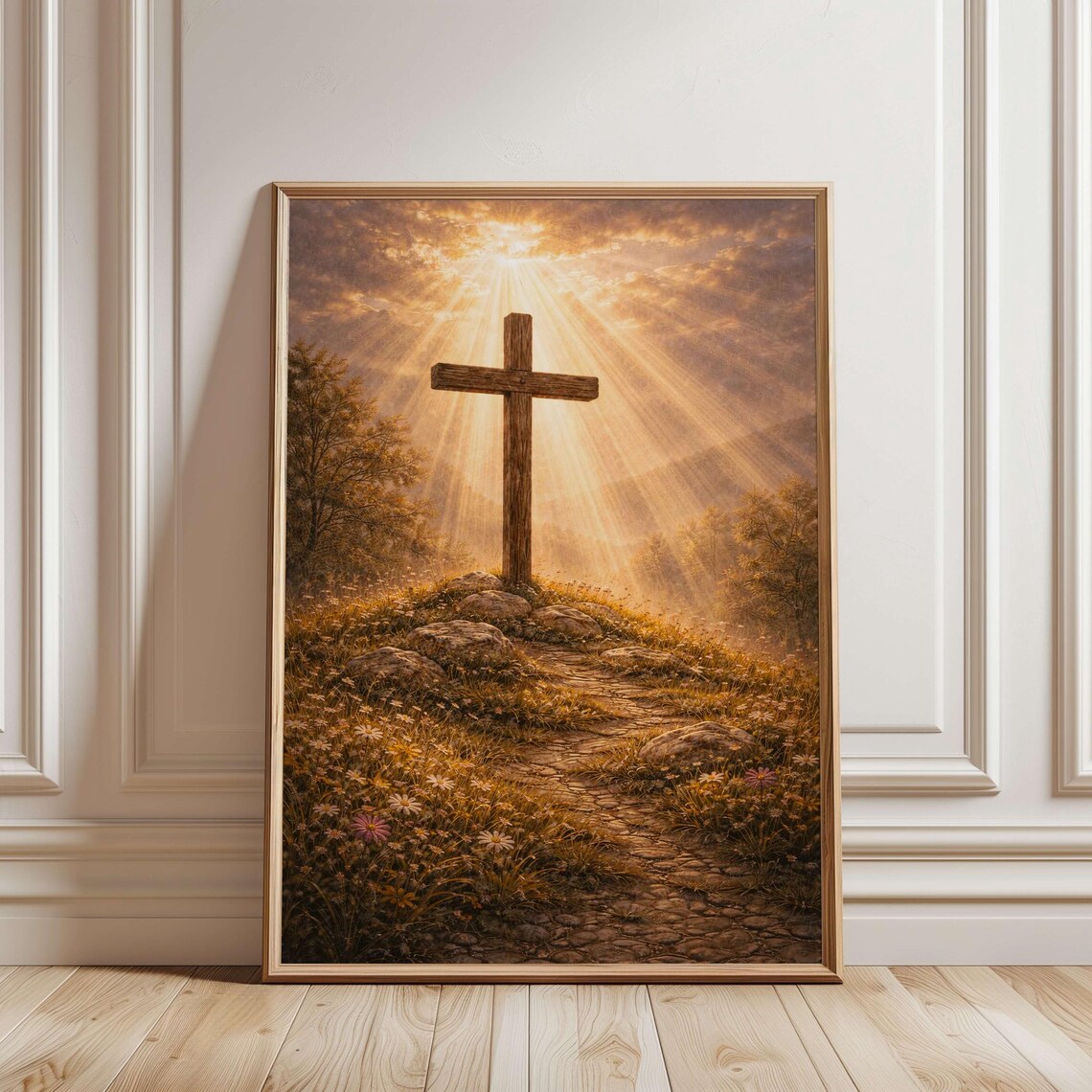 Wooden Cross On A Hill In Golden Heavenly Light Christian Wall Art