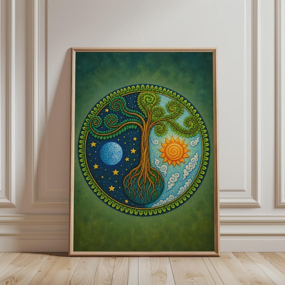 Tree Of Life Wall Art Spiritual Print Boho Sun And Moon Starry Night Mystic Botanical Mandala Poster For Celestial Home Decor