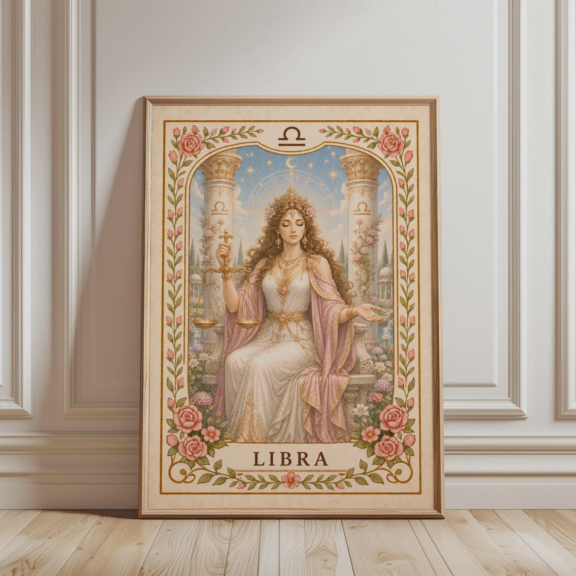 Libra Zodiac Goddess Scales Boho Floral Vintage Astrology Poster