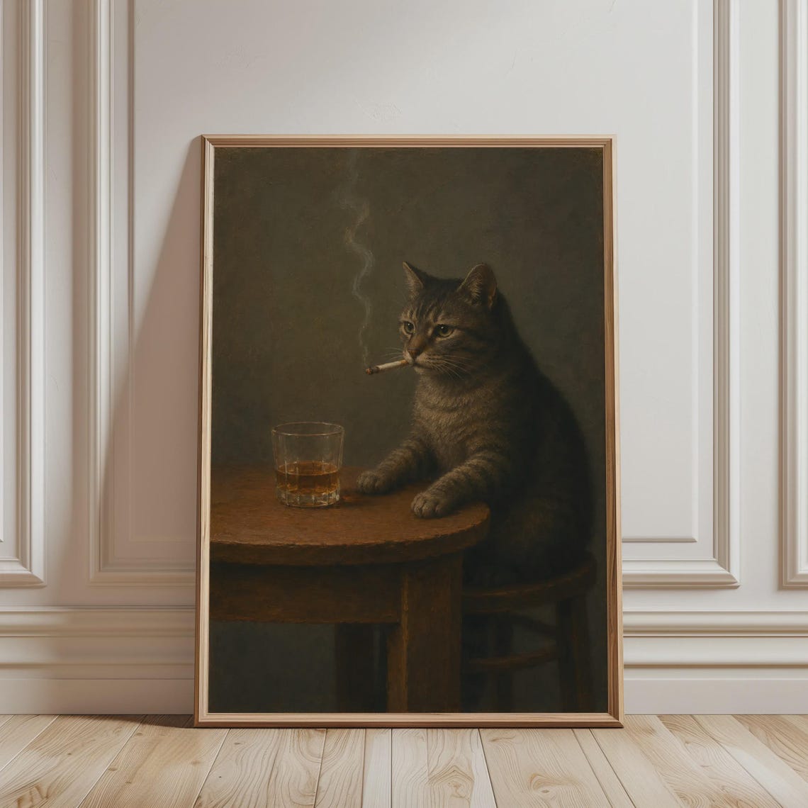 Smoking Tabby Cat Whiskey Bar Moody Oil Painting Vintage Animal Poster