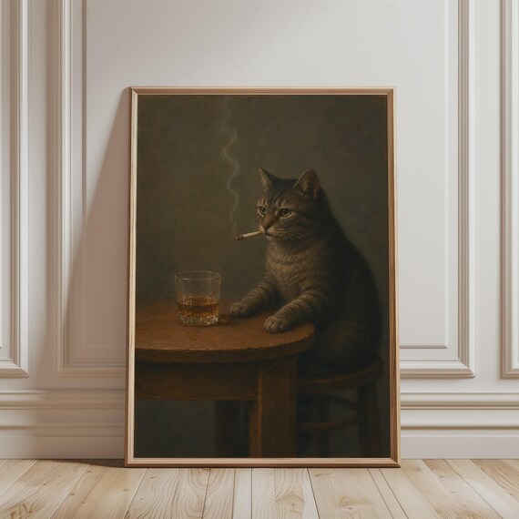 Smoking Cat Poster Whiskey Bar Wall Art Funny Vintage Tabby Print Dark Academia Animal Decor Moody Lover Gift