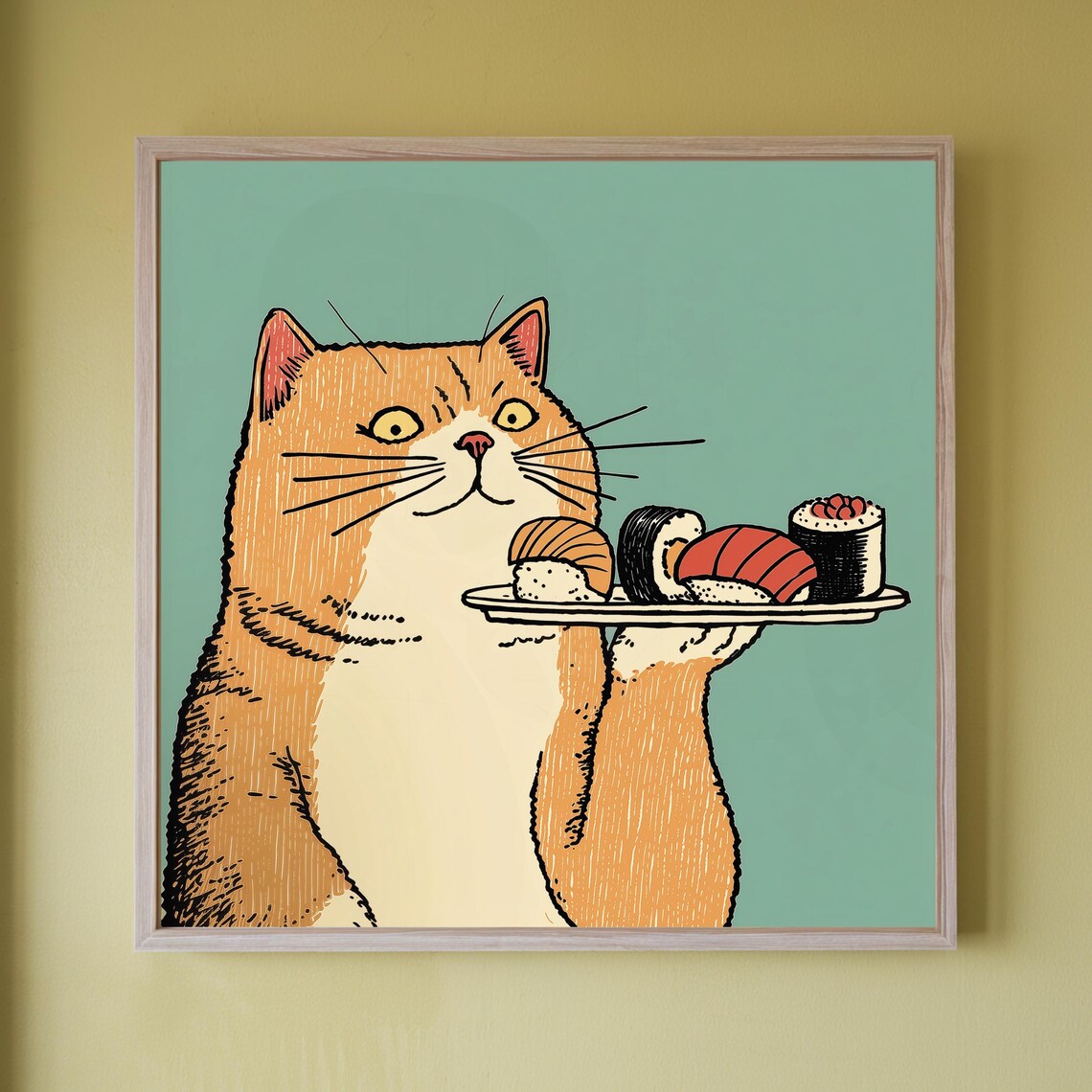 Chubby Orange Cat Proudly Holding A Sushi Plate Funny Kitchen Poster