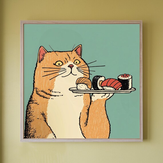 Chubby Orange Cat Proudly Holding A Sushi Plate Funny Kitchen Poster