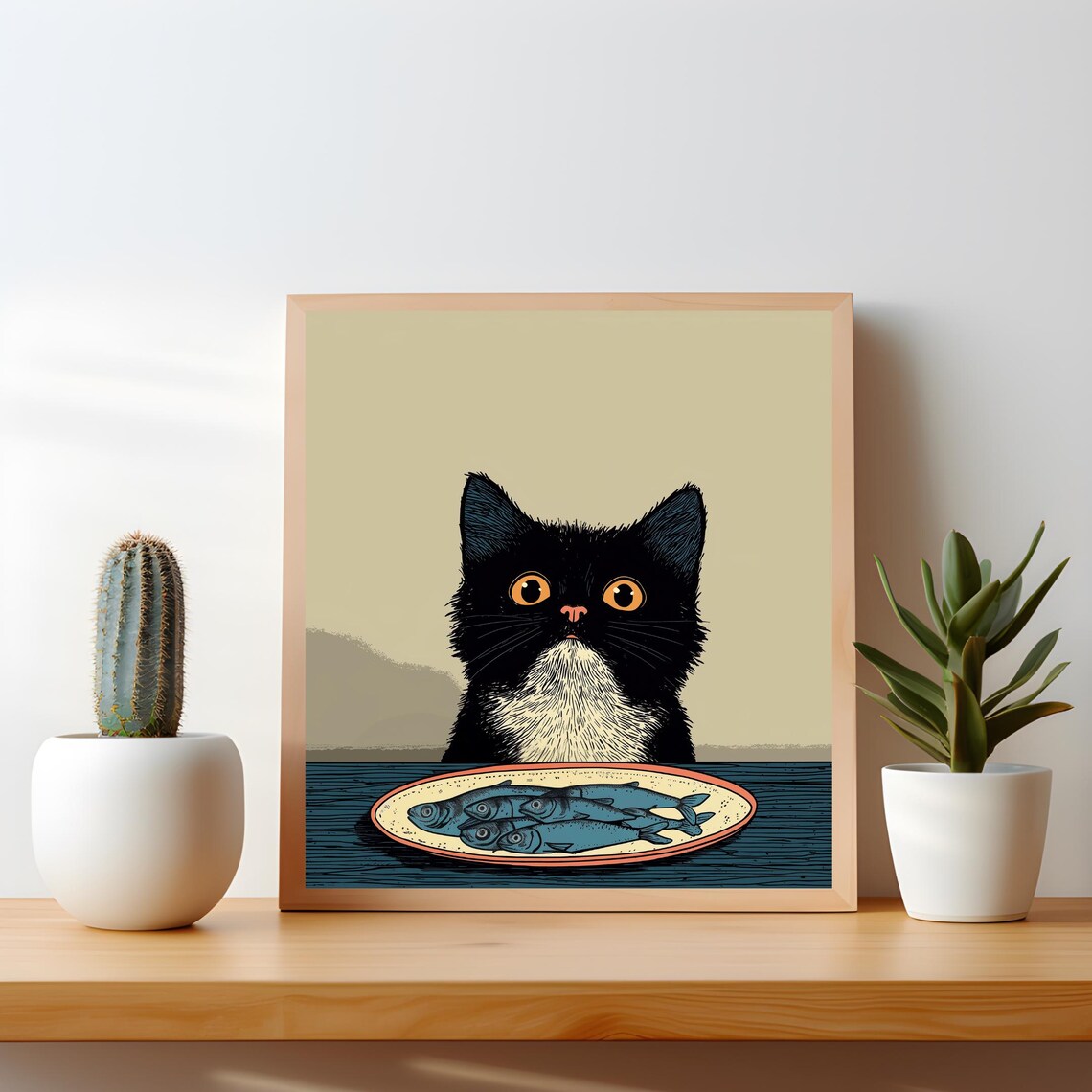 Funny Cat Kitchen Wall Art Retro Sardines Print Quirky Vintage Illustration Square Unframed Poster Lover Decor