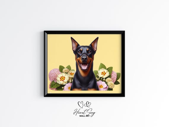 Doberman Pinscher Floral Art Bold Dog Portrait Rustic Country Wall Decor Moody Pet Painting 177
