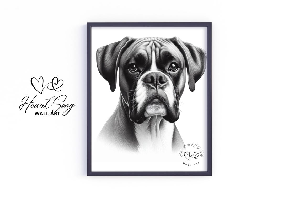 Boxer Dog Pencil Sketch Breed Portrait Detailed Black White Poster
