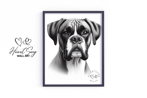 Boxer Dog Pencil Sketch Breed Portrait Detailed Black White Poster