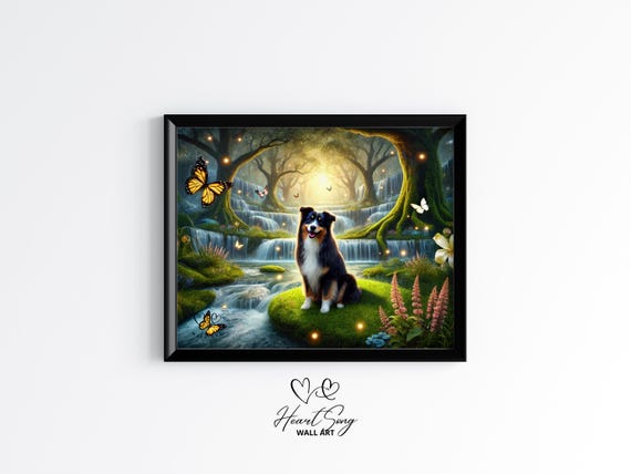 Australian Shepherd In Enchanted Forest Mystical Dog Painting Moody Fantasy Pet Art 508