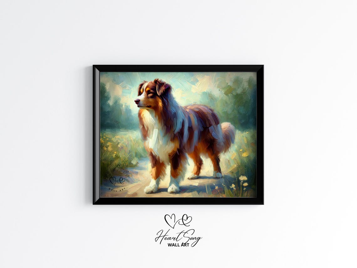 Red Merle Herding Dog Spring Meadow Impressionist Painting Poster