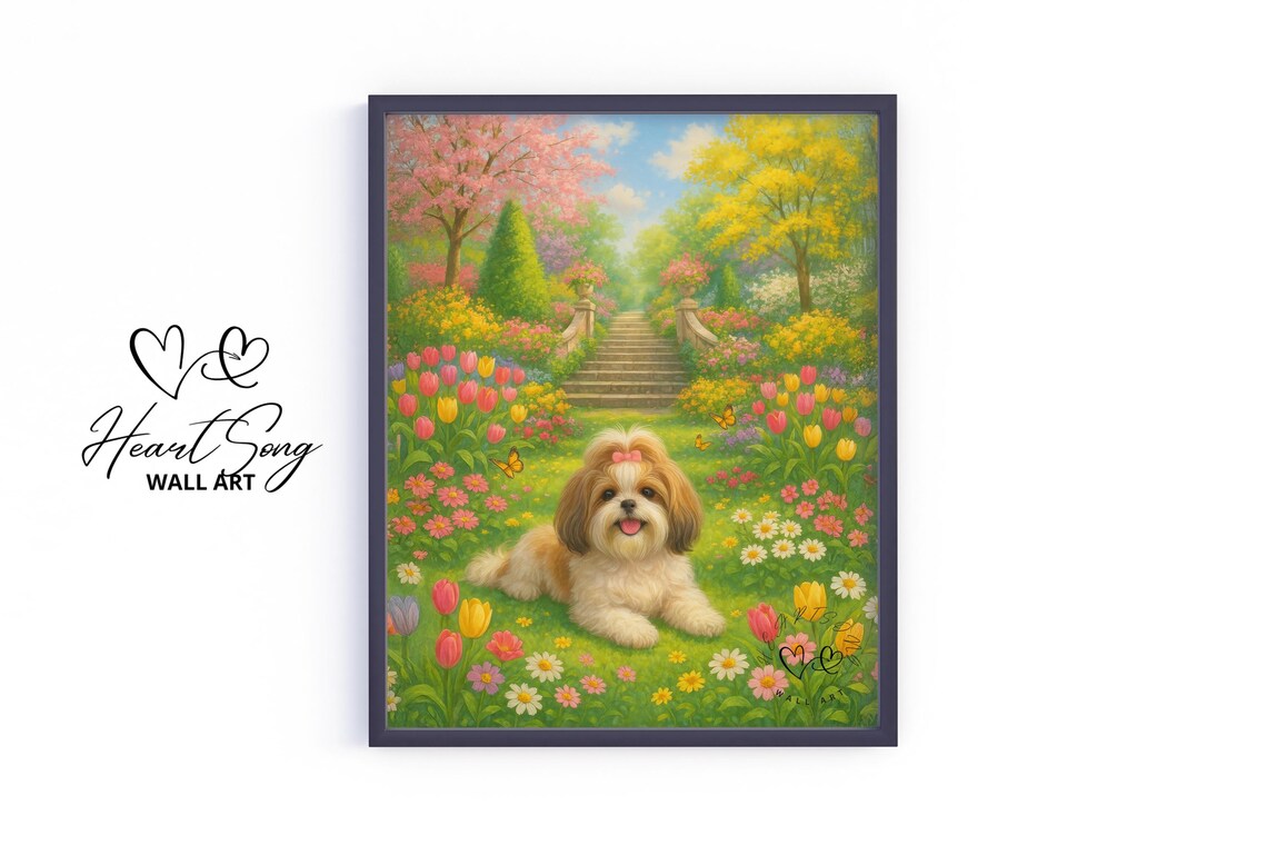Shih Tzu Puppy with Pink Bow in Tulip Garden Spring Art Poster