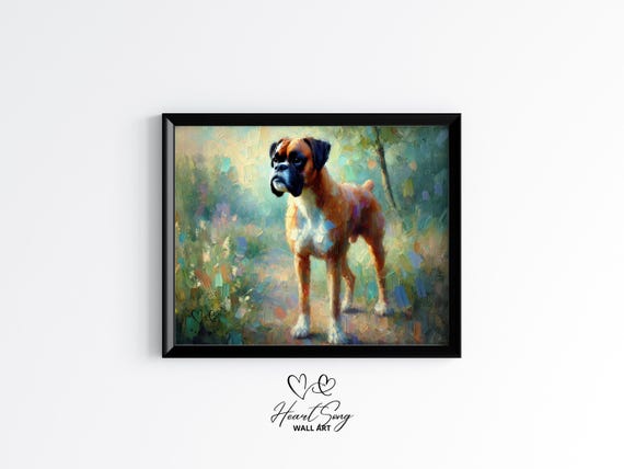 Boxer Dog In Golden Meadow Rustic Spring Wall Art Moody Impressionist Earthy Country Decor Print 643
