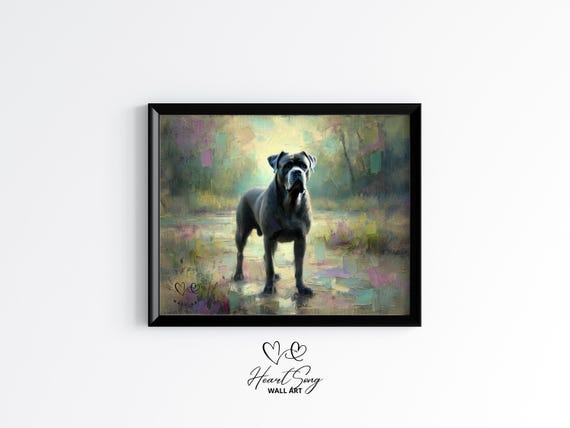 Cane Corso In Moody Forest Path Rustic Dog Wall Art Earthy Impressionist Painting Country Decor Spring Print 646