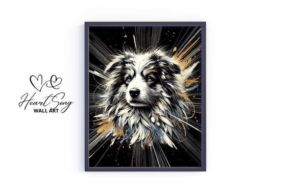 Australian Shepherd Dog Art Moody Black And Gold Pet Portrait Vintage Wall Decor Elegant Animal Print 342