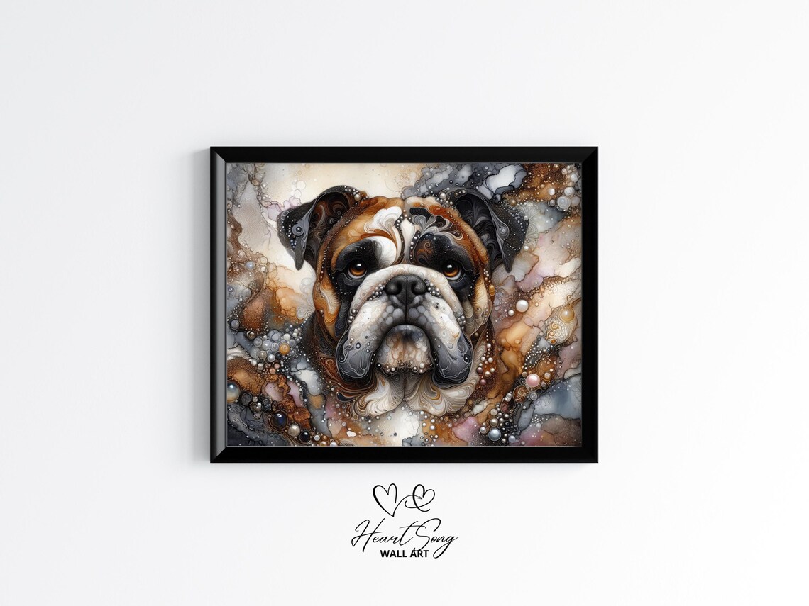 Calm English Bulldog Portrait Neutral Ink Rustic Dog Art Poster