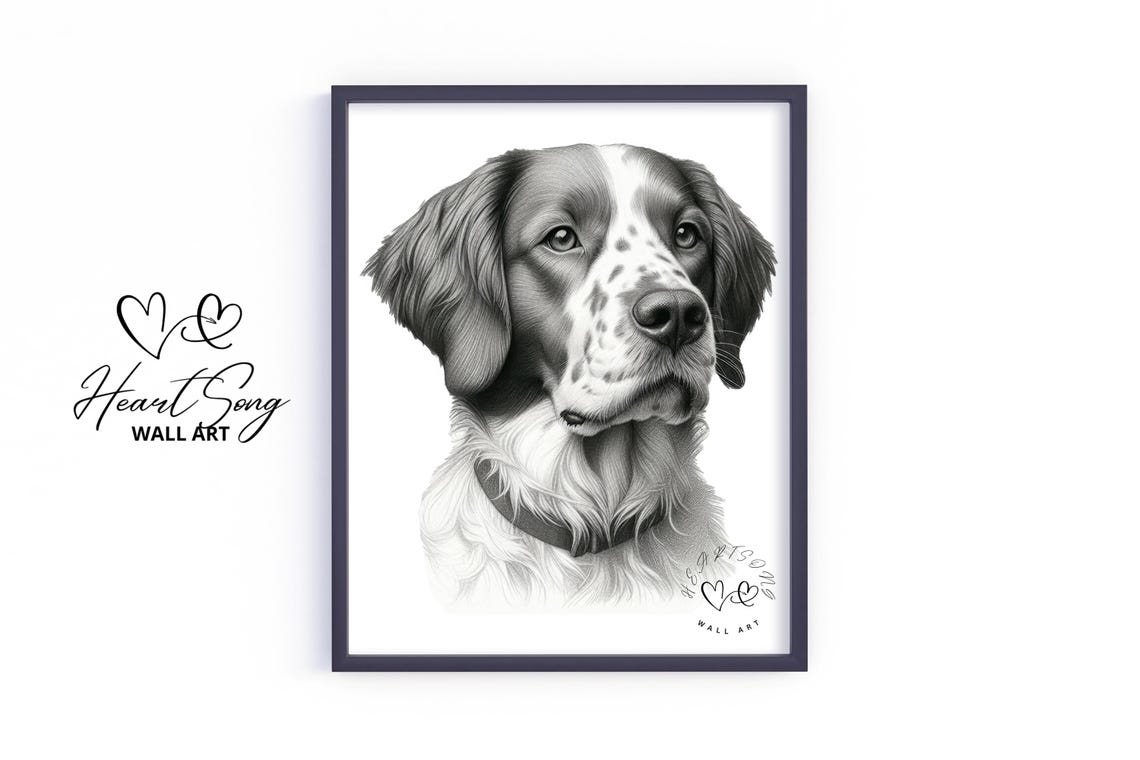 Brittany Spaniel Cozy Pencil Sketch Dog Portrait Rustic Wall Art