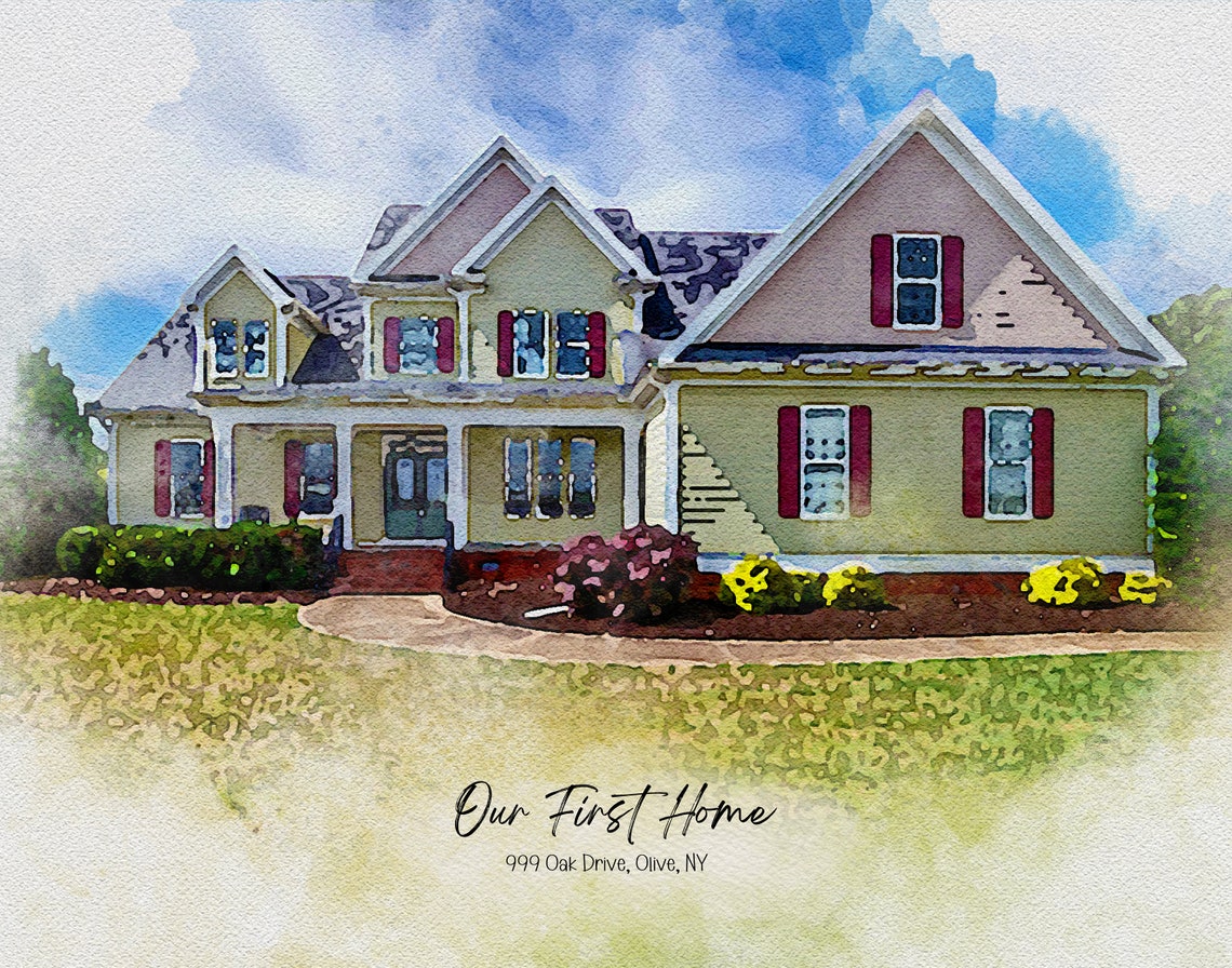 Our First Home Olive NY Lawn View Watercolor House Portrait Poster - Image 3