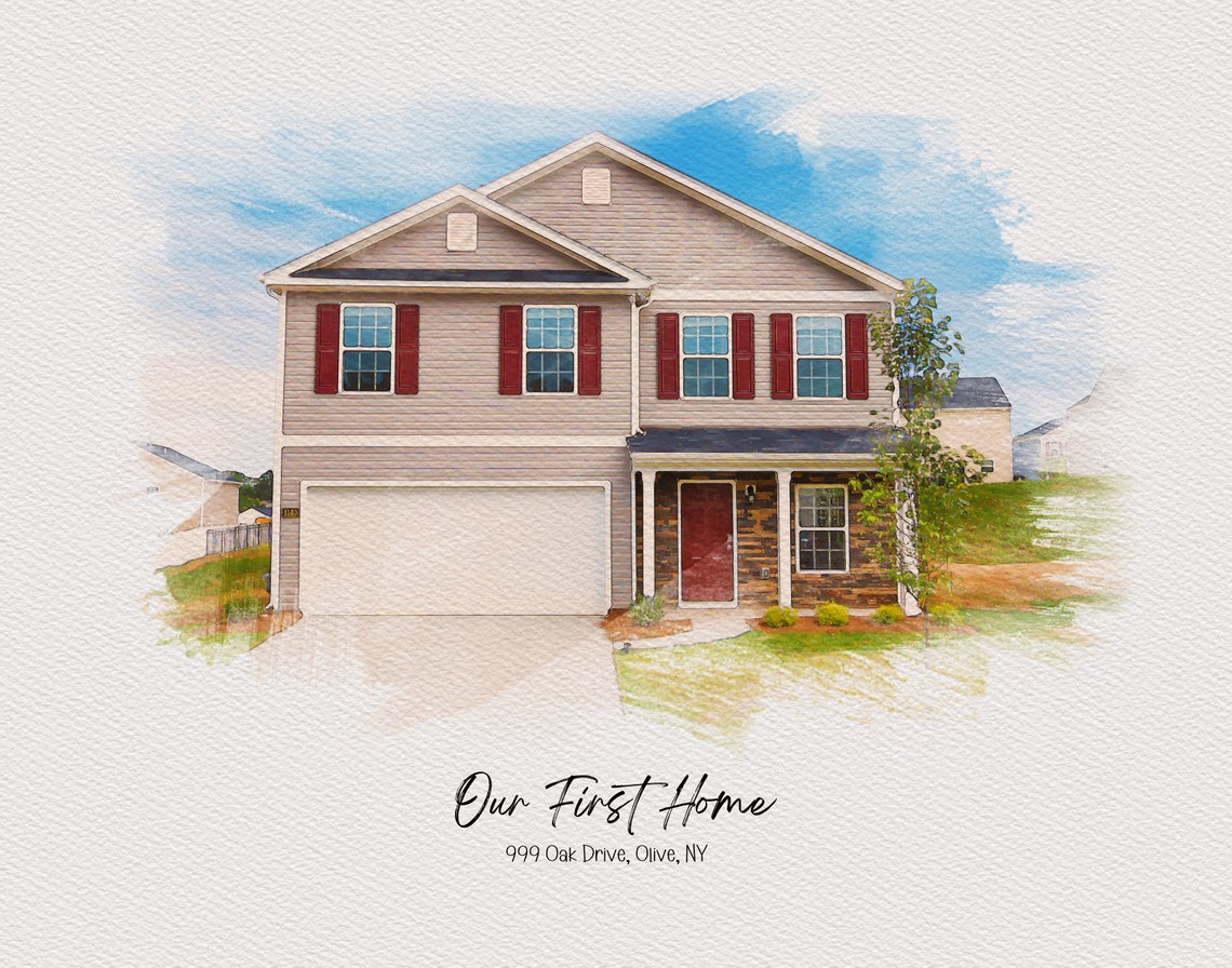 Our First Home Olive NY Bright Sky Watercolor House Portrait Poster - Image 4