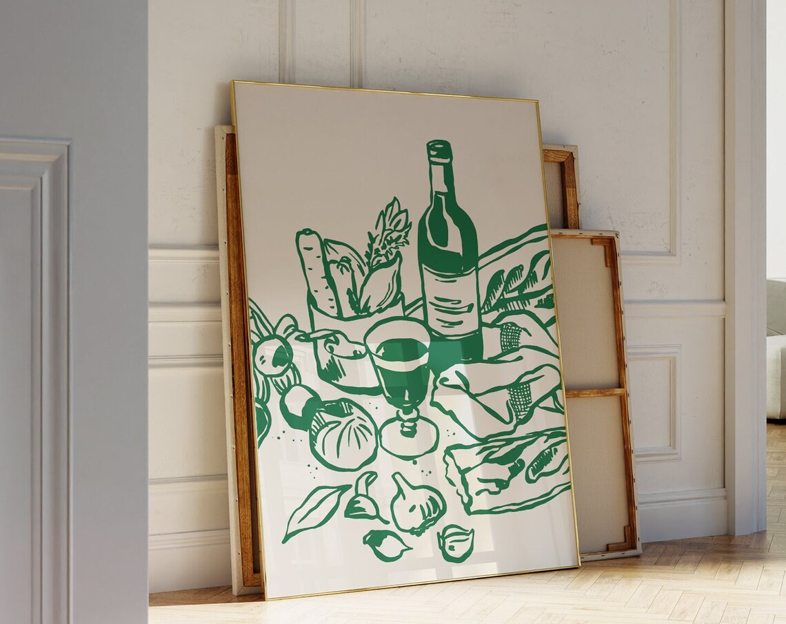 Green Wine Bottle Baguette Still Life French Market Kitchen Poster - Image 4