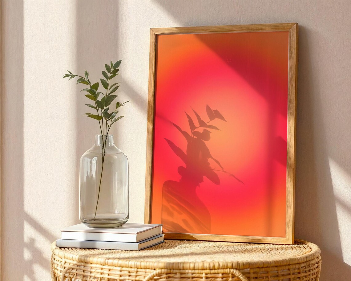 Red Orange Gradient Abstract Leaf Shadow Minimal Warm Sunset Art Poster