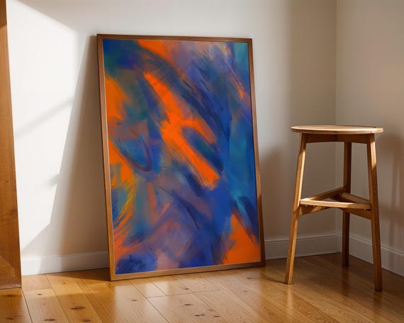 Abstract Orange And Blue Wall Art Vibrant Cobalt Navy Painting Poster Contemporary Expressionist Decor Bold Colorful Living Room Gift