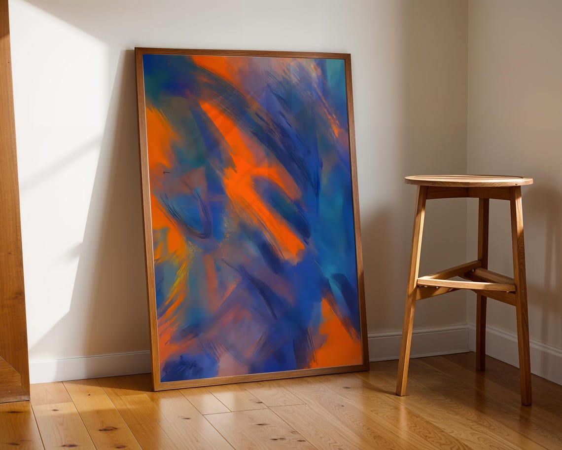 Vibrant Cobalt Blue Orange Abstract Brushstroke Modern Poster