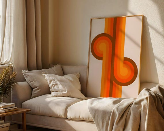Retro 70s Geometric Stripe Print Mid Century Modern Abstract Wall Art Orange And Brown Ribbon Poster Vintage Bauhaus