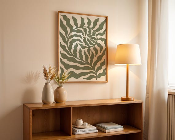 Sage Green Spiral Leaf Art Print Modern Japandi Botanical Poster Minimalist Swirl Foliage Wall Decor Earthy Boho Aesthetic Apartment