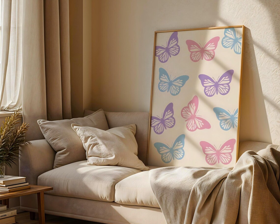 Pastel Pink Purple Blue Butterfly Pattern Whimsical Nursery Wall Art Decor