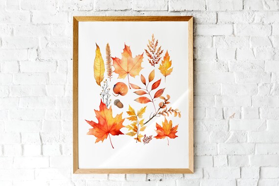 Watercolor Fall Leaves Maple Fern Acorn Botanical Art Poster