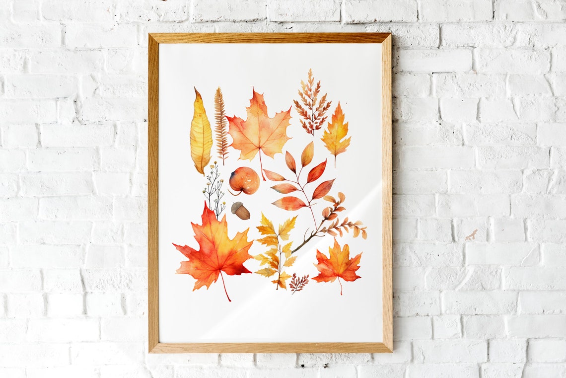 Watercolor Fall Leaves Maple Fern Acorn Botanical Art Poster