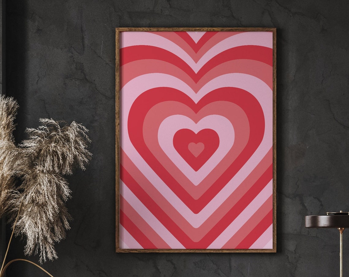 Bold Pink and Red Retro Concentric Hearts Psychedelic Poster