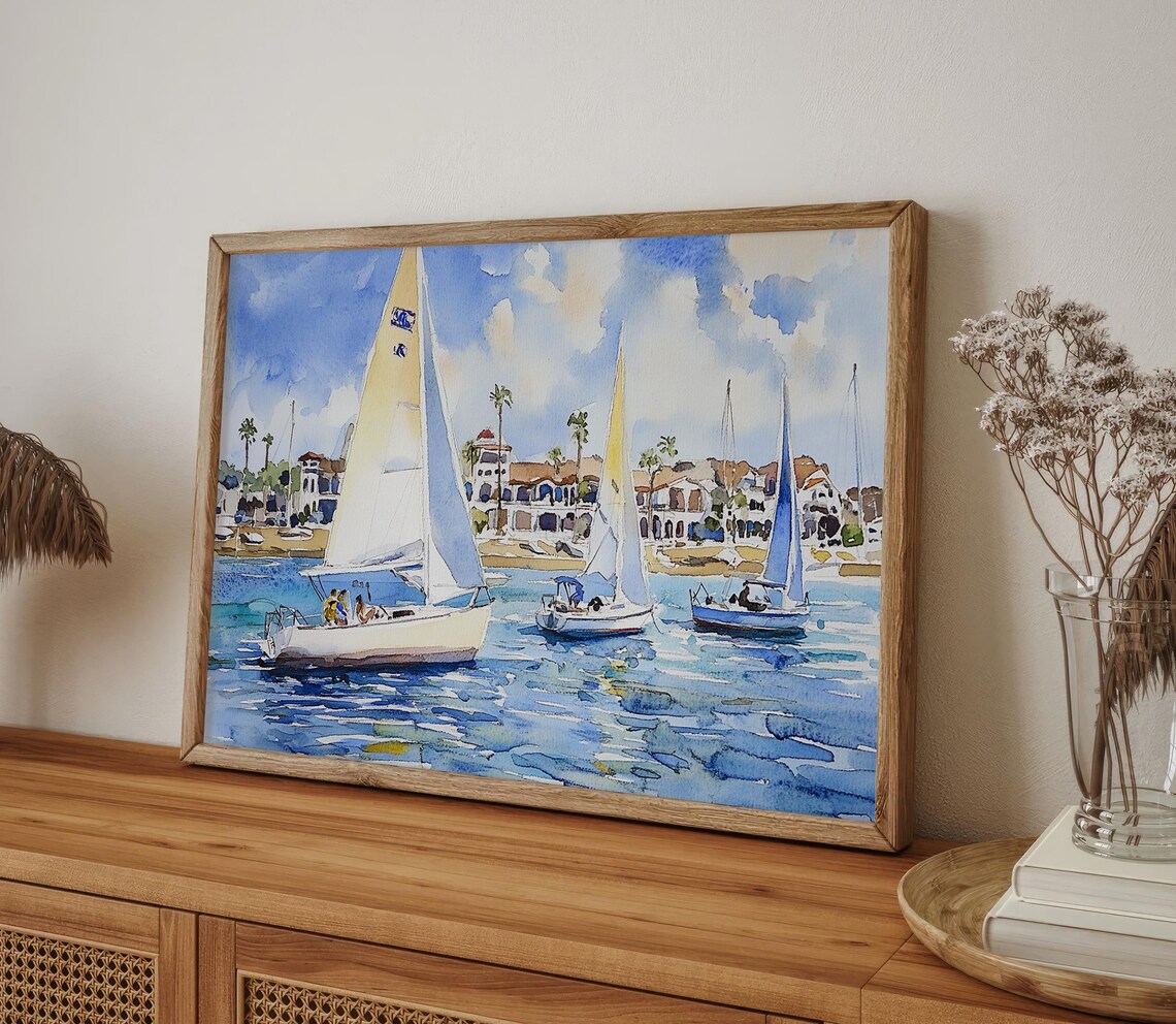 Balboa Island Watercolor Print Newport Beach Painting Sailboats Wall Art California Coastal Print Beach House Decor - Image 4