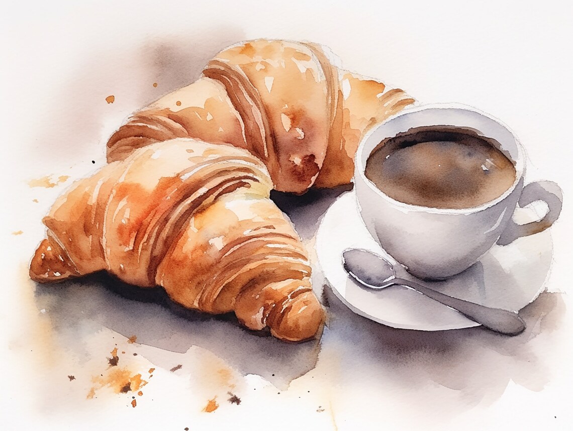 French Breakfast Watercolor Coffee and Croissant Art Print