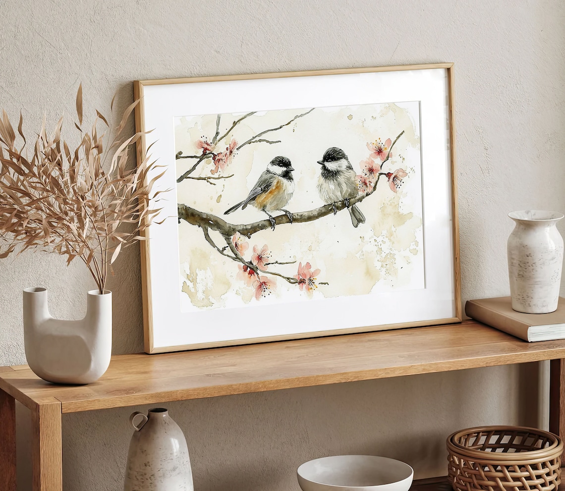 Chickadee Couple Birds Watercolor Art Print, Sakura - Image 2