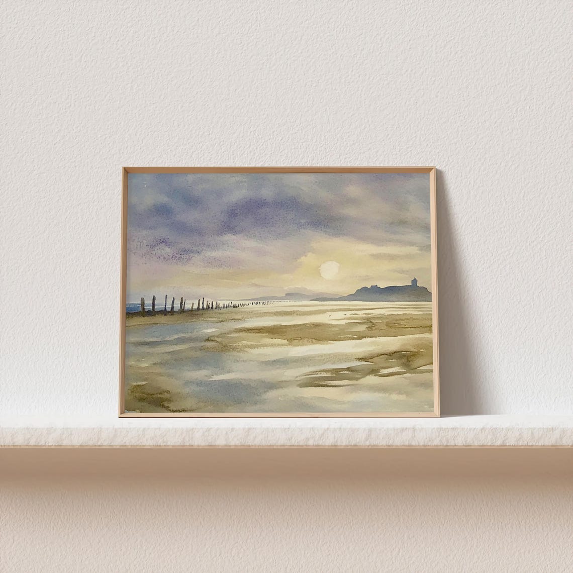 Serene Peaceful Beach at Low Tide Under a Soft Golden Sky Poster - Image 2