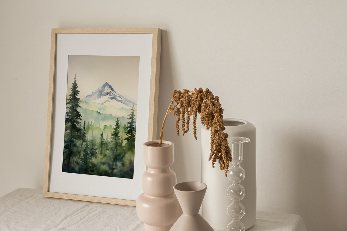 Mountain Forest Watercolor Print, Misty Landscape - Image 2