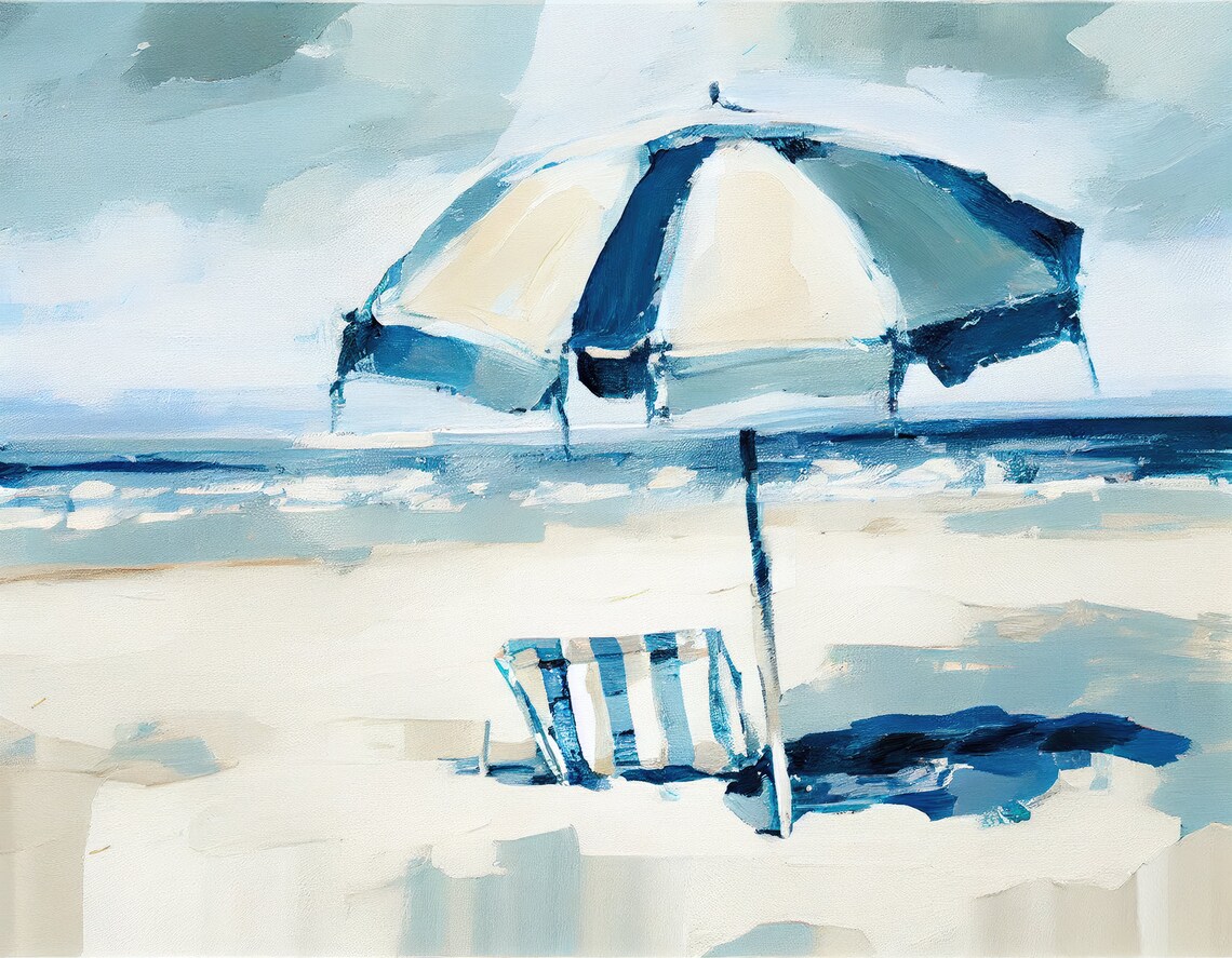 Santa Monica Beach Umbrella Chair Coastal Sea Watercolor Poster