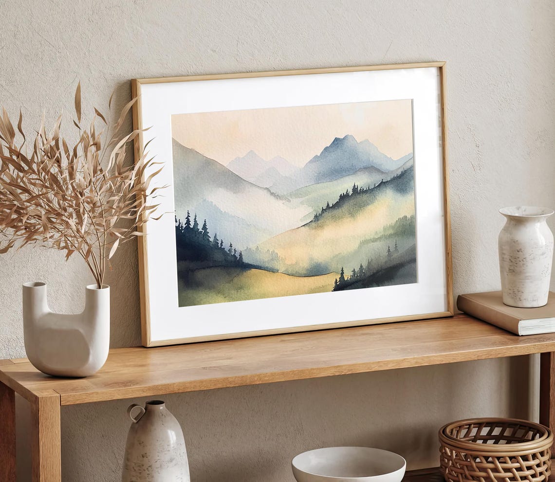 Tranquil Layered Blue Mountain Ridges in Soft Mist Watercolor Poster - Image 3