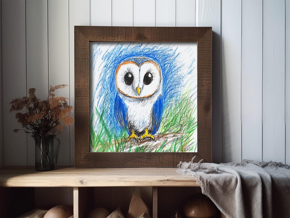 Cute Cartoon Barn Owl Big Eyes Crayon Drawing Kids Room Poster - Image 2