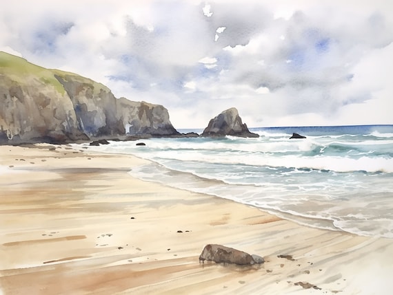 Rugged Cliff Beach with Sea Stack and Rolling Waves Watercolor Poster